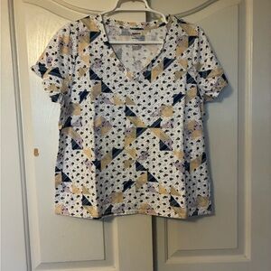 Sonoma Women's White Floral Casual Short Sleeve Top T-Shirt V Neck Size L 10-12